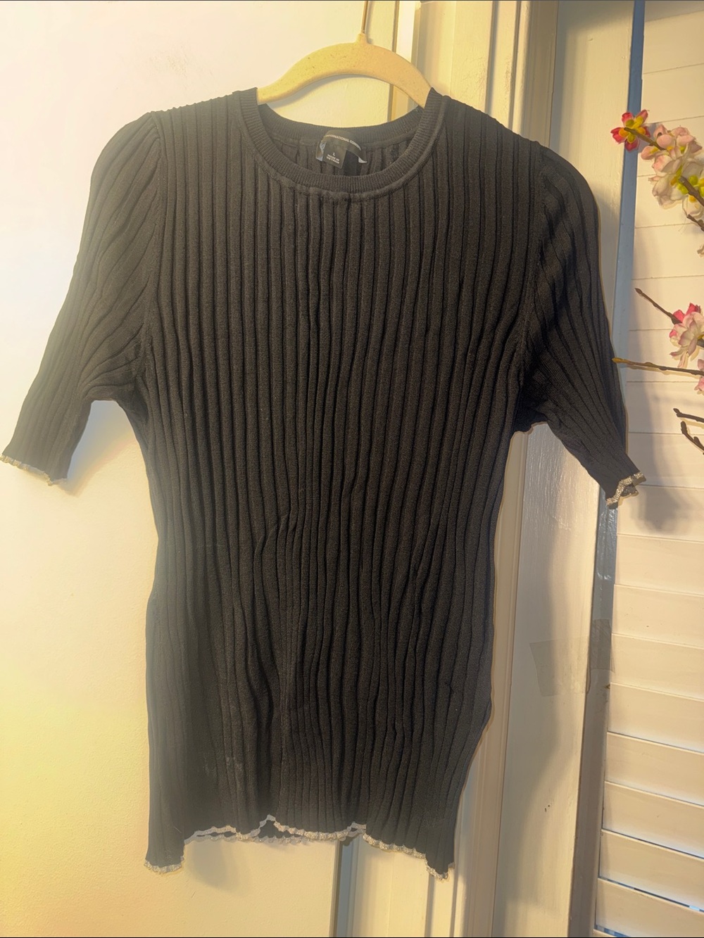 INC International Concepts Black Ribbed Short-Sleeve Crewneck Sweater
